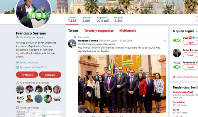 Piden investigar 'tuits' del portavoz de Vox en Andalucía por un posible delito de odio