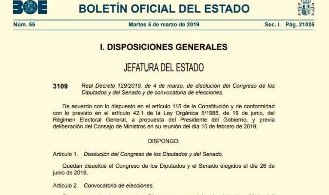 El BOE publica la disolución de las Cortes y la convocatoria de elecciones