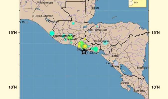 Mapa geológico de la localización del terremoto que sacudió de madrugada este jueves El Salvador. / EFE