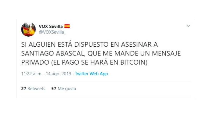 Hackean la cuenta de Vox Sevilla en Twitter con amenazas de muerte a Abascal