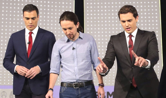 Pedro Sánchez, Pablo Iglesias y Albert Rivera, durante un debate televisivo. / El Correo