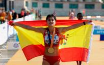 La española María Pérez, nueva campeona del mundo de 20 kilómetros marcha.EFE/ Javier Etxezarreta