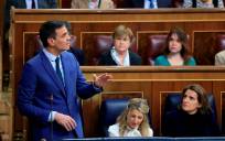 El presidente del Gobierno, Pedro Sánchez, interviene durante la sesión de control al Gobierno celebrada este miércoles en el Congreso de los Diputados. EFE/ Zipi