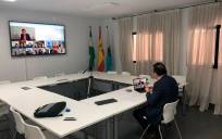 El Alcalde de La Rinconada, Javier Fernández, preside la reunión por videoconferencia del Consejo de Crisis, celebrada este domingo. (Foto: Facebook Javier Fernández)