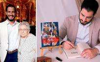 Alberto Gila con su abuela Rosa (izquierda). A la derecha, el escritor firma un ejemplar de Antes, su primera novela. / El Correo.