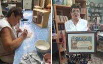 Pascuala, en su taller de cerámica. A la derecha, con su título de Trianera Adoptiva./El Correo. 