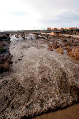 El río Andarax, a su paso por Almería, ha subido su caudal tras las fuertes lluvias. EFE/Ricardo García