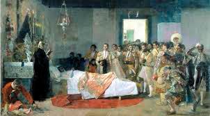 José Villegas Cordero: La muerte del maestro, óleo sobre lienzo, 330 x 505 cm, Museo de Bellas Artes de Sevilla.
