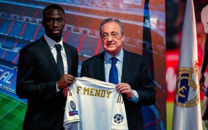 Florentino Pérez durante la presentación de Mendy como nuevo jugador del Real Madrid. / EFE