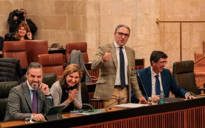 El consejero de la Presidencia, Administración Pública e Interior, Elías Bendodo, responde a una pregunta en la sesión de control al Gobierno andaluz en el Pleno del Parlamento.
