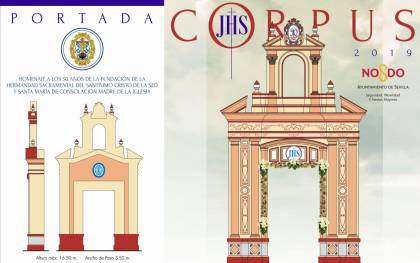 Las portadas del Corpus homenajean a las hermandades de Los Negritos y La Sed