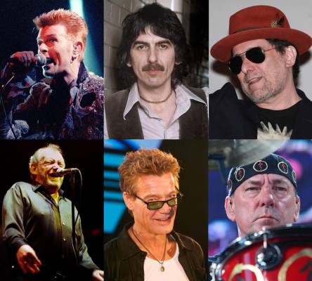 David Bowie, George Harrison, Luis Alberto Espinetta, Joe Cocker, Eddie van Halen y Neil Peart. EFE/Archivo