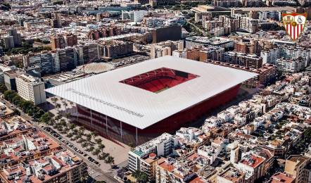 Detalle del anteproyecto del exterior del nuevo estadio del Sevilla. El nuevo estadio Ramón Sánchez-Pizjuán contará con un aforo de 55.000 espectadores, supondrá la demolición del actual y su construcción en la misma ubicación con una inversión de entre 300 y 350 millones de euros, y sus obras está previsto que se prolonguen por dos años, entre julio de 2026 y julio de 2028. EFE/ Sevilla FC/ SÓLO USO EDITORIAL/SÓLO DISPONIBLE PARA ILUSTRAR LA NOTICIA QUE ACOMPAÑA (CRÉDITO OBLIGATORIO)