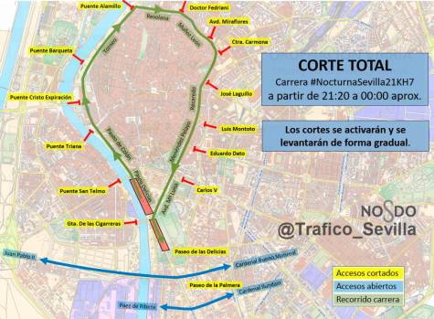 Estos son los cortes de tráfico en Sevilla por la Nocturna del Guadalquivir