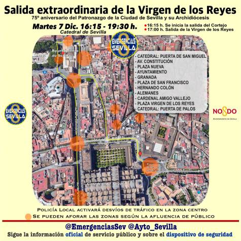 Desvíos de tráfico en el centro de Sevilla por la procesión de la Virgen de los Reyes