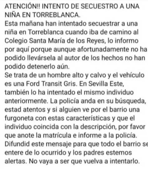 Desmienten el secuestro de una niña en Torreblanca