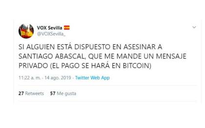 Hackean la cuenta de Vox Sevilla en Twitter con amenazas de muerte a Abascal