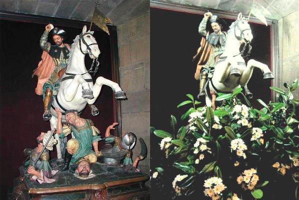 Santiago Matamoros en el interior de la catedral de Santiago de Compostela. Sin flores y con flores. 