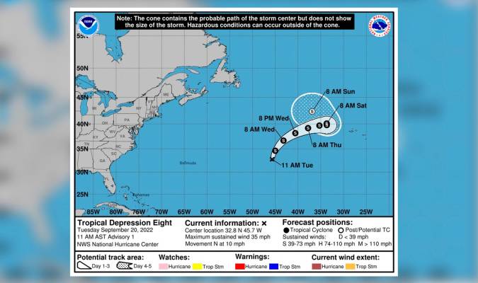 Imagen ilustrativa cedida por la Oficina Nacional de Administración Oceánica y Atmosférica de Estados Unidos (NOAA), a través del Centro Nacional de Huracanes (NHC), donde se muestra el pronóstico de cinco días del paso de la depresión tropical 8 (ciclón) por el Atlántico. EFE/ NOAA-NHC