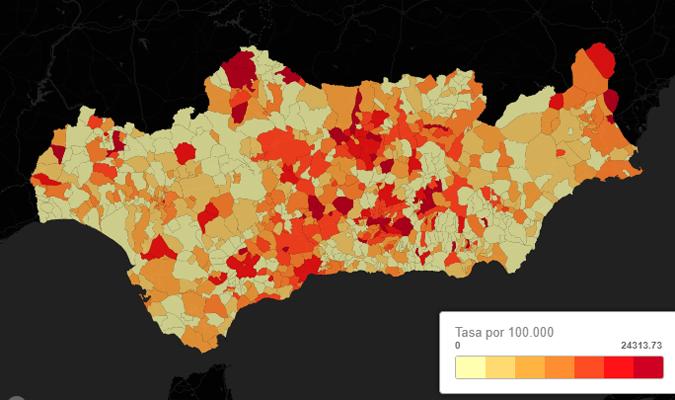 Mapa de casos por coronavirus en Andalucia por municipios (al final del artículo). / EPData