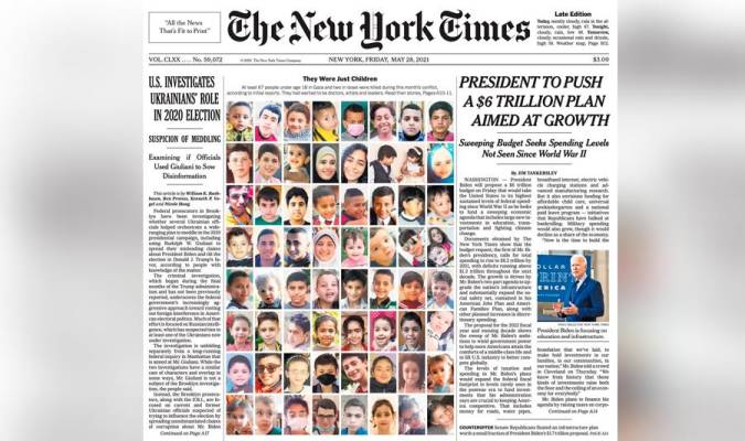 Imagen de la portada de The New York Times que muestra las caras de los niños palestinos fallecidos.
