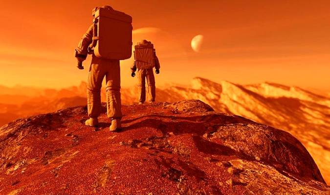 Recreación de unos astronautas en Marte. 