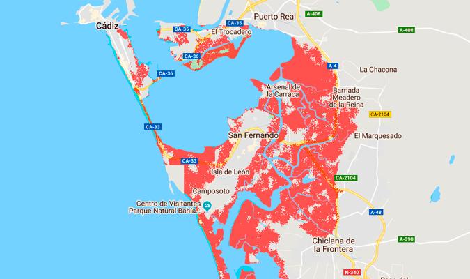 Zonas en riesgo en la ciudad de Cádiz y alrededores. / El Correo