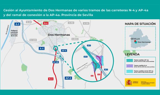 Mapa con las carreteras cedidas a Dos Hermanas. / Ministerio de Transportes y Movilidad Sostenible