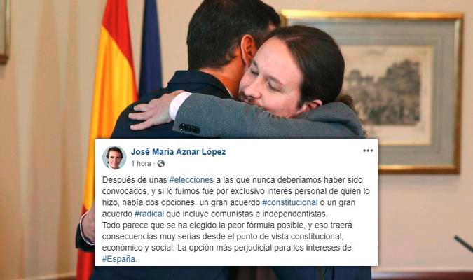 Aznar carga contra el pacto de Sánchez e Iglesias por Facebook