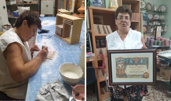 Pascuala, en su taller de cerámica. A la derecha, con su título de Trianera Adoptiva./El Correo. 