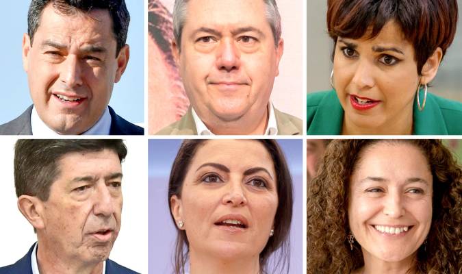 Los candidatos Juanma Mereno (PP), Juan Espadas (PSOE), Teresa Rodríguez (Adelante Andalucía), Juan Marín (Ciudadanos), Macarena Olona (Vox) e Inmaculada Nieto (Por Andalucía).