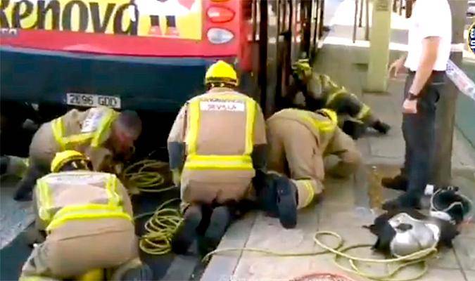 Imagen de los bomberos en el proceso de rescate del motorista. / El Correo