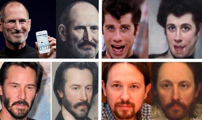 Efecto de AI Portraits en Steve Jobs, John Travolta, Keanu Reeves y Pablo Iglesias. / El Correo