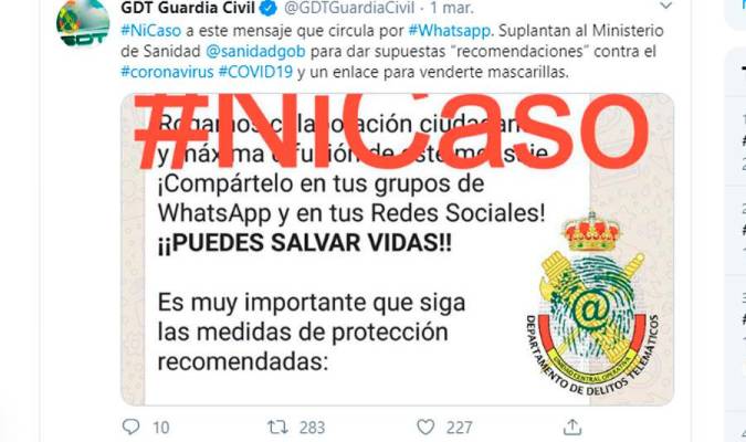 La Guardia Civil advierte de una estafa por WhatsApp sobre el coronavirus