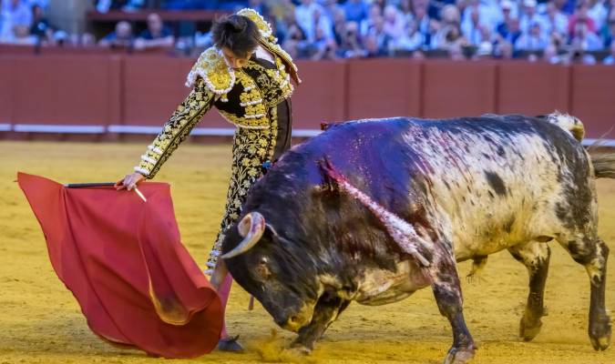 El diestro peruano Roca Rey da un pase a su segundo toro, este viernes en la Real Maestranza de Sevilla. EFE/ Raúl Caro