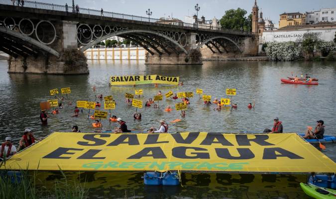 Activistas de Greenpeace han protagonizado este sábado una acción de protesta en la dársena del río Guadalquivir. EFE / Greenpeace / Pedro Armestre