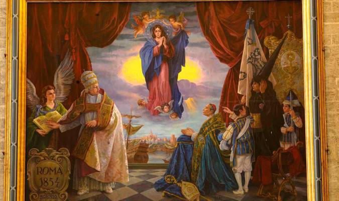 El conocido cuadro de Alfonso Grosso simboliza la proclamación del dogma inmaculista retratando a la Esperanza Macarena a modo de Purísima. / Foto: catedraldesevilla.es