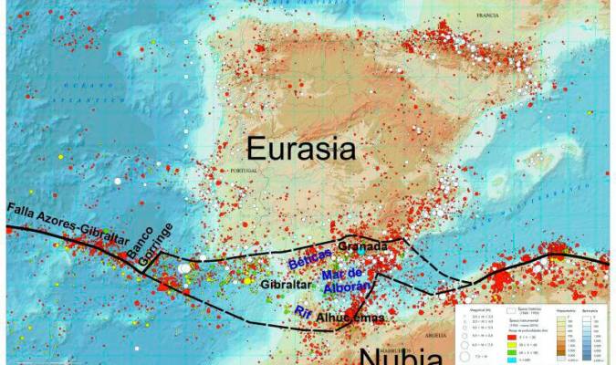 Límite de placas entre Eurasia y Nubia sobre el mapa de sismicidad de la Península Ibérica y zonas adyacentes. El mapa base de sismicidad es del Instituto Geográfico Nacional (www.ign.es)