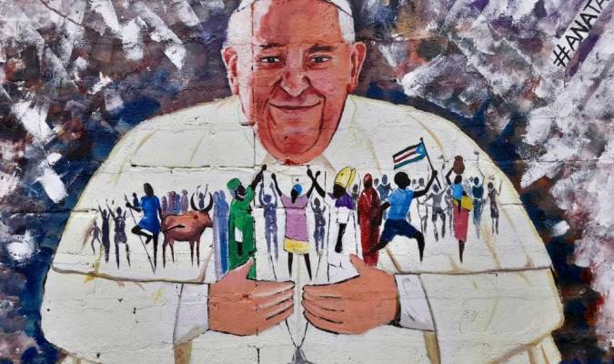 Imagen de archivo de un grafiti del papa Francisco en la capital de Sudán del Sur. EFE/ Ana Taban