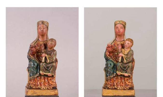A la izquierda, estado previo de la imagen de la Virgen de Aguas Santas. A la derecha, las Patrona de Villaverde tras su restauración (Foto: IAPH).