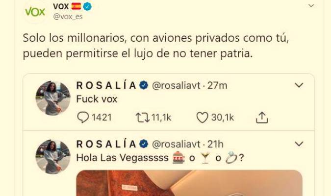 Vox responde al polémico tuit de Rosalía con una eslogan de la Falange