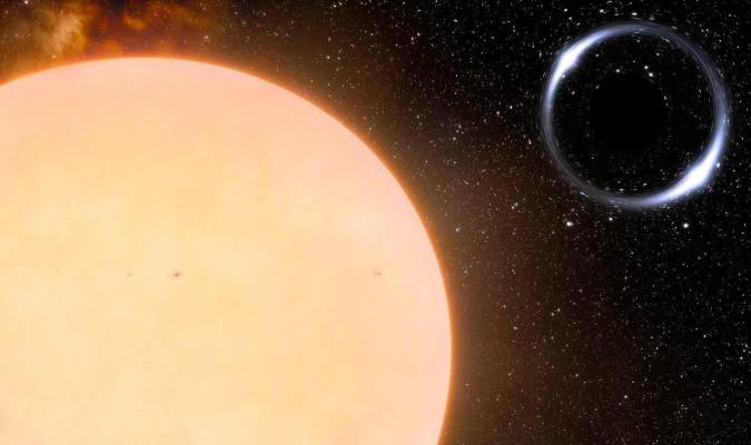 Impresión artística del agujero negro más cercano a la Terra con su compañera estelar de tipo solar. 