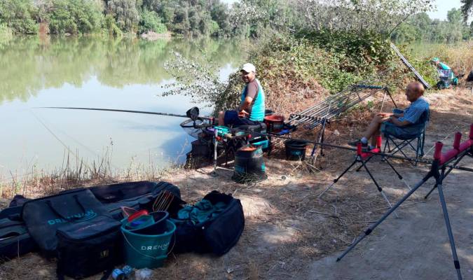 Distintos participantes pescando en el Guadalquivir durante el concurso celebrado esta mañana.