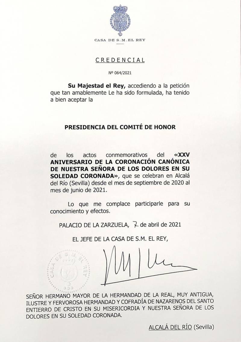 El Rey será Presidente de Honor del XXV aniversario de la Coronación Canónica de la Soledad de Alcalá del Río