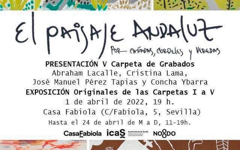 Cartel de la V Carpeta de Obra Gráfica, con las obras de José Manuel Pérez Tapias, Concha Ybarra, Abraham Lacalle y Cristina Lama.