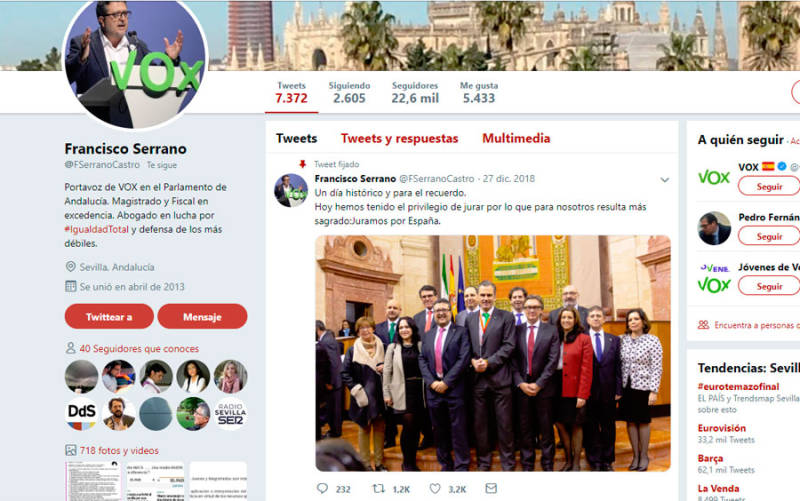 Piden investigar 'tuits' del portavoz de Vox en Andalucía por un posible delito de odio
