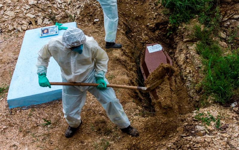 Fotografía tomada con dron que muestra el entierro de un joven de 28 años muerto por coronavirus, en el cementerio Despraiado en Cuiabá, capital de Mato Grosso (Brasil). . EFE/ Rogerio Florentino.
