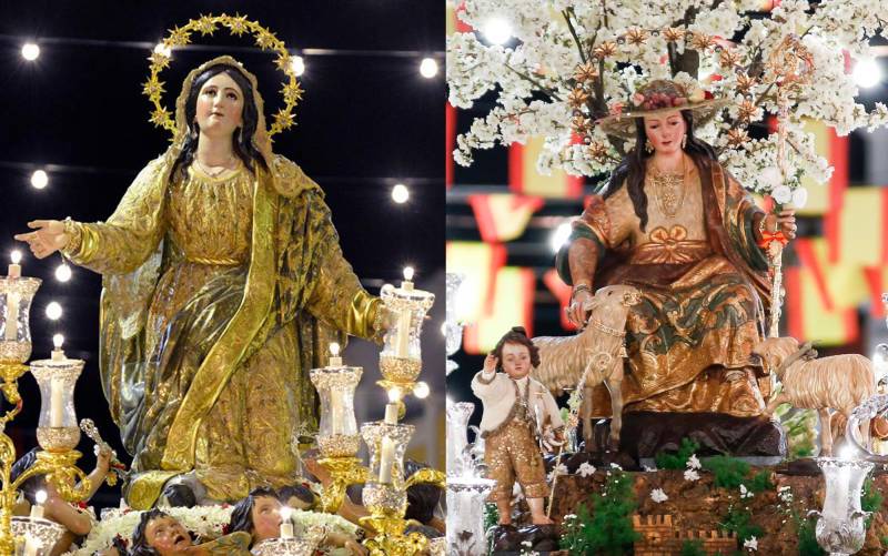 La Asunción Gloriosa (izquierda) y la Divina Pastora (derecha), titulares de las hermandades de gloria marianas de Cantillana