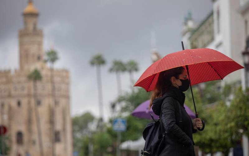 Una mujer bajo su paraguas durante una jornada de lluvia en Sevilla. / El Correo