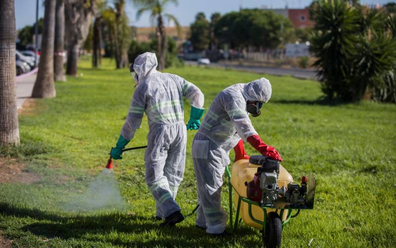 Un trabajador durante las labores de fumigación contra los mosquitos causantes del virus del Nilo en Coria del Río. / E.P.